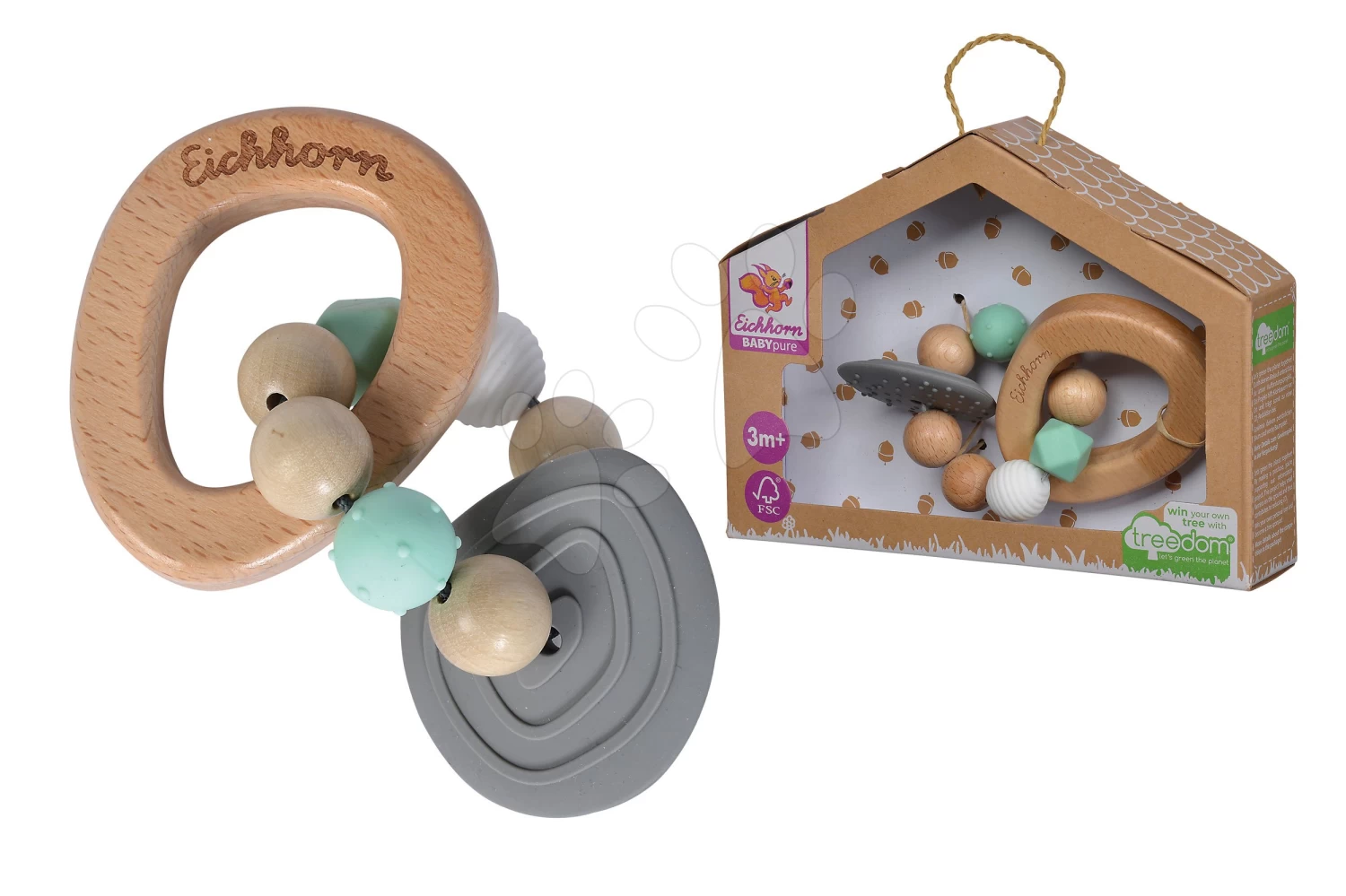 Holzbeißring Silikon Bio 100% Natur Baby PureTeether Eichhorn Mit Kugeln Und Griff Ab 3 Monaten – Bild 8