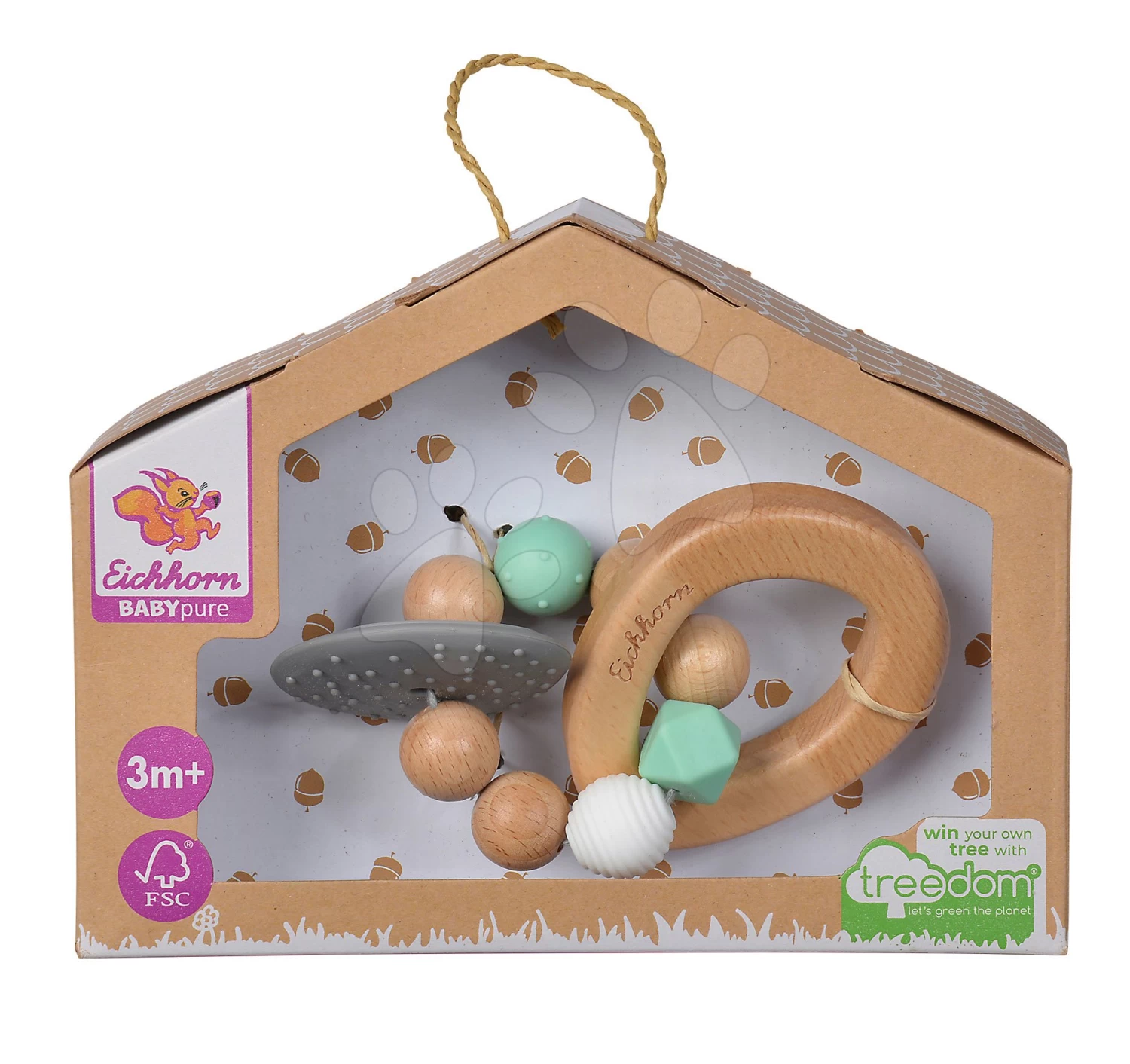 Holzbeißring Silikon Bio 100% Natur Baby PureTeether Eichhorn Mit Kugeln Und Griff Ab 3 Monaten – Bild 11