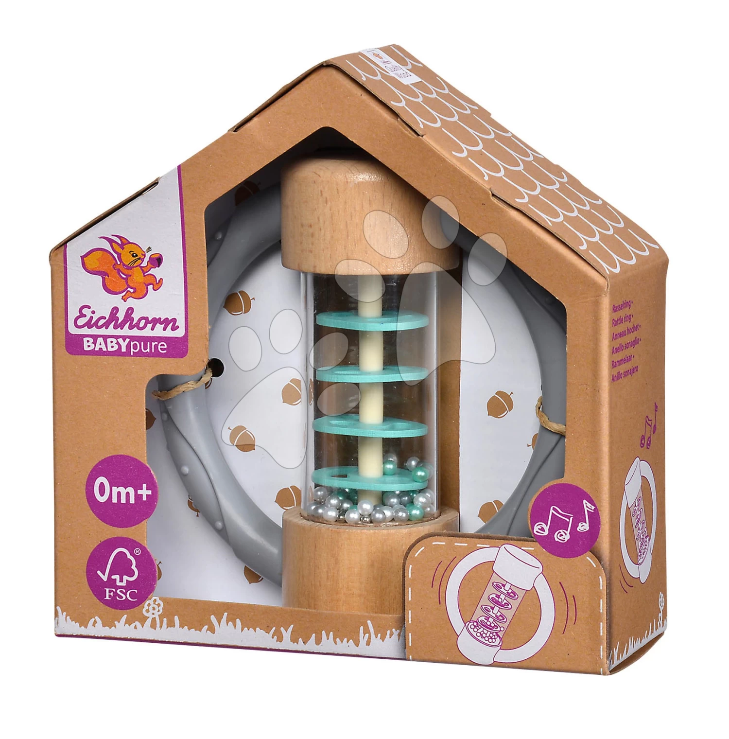 Rassel Aus Holz Baby Pure Rattle Ring Eichhorn Mit Griff Und Rolle Mit Kugeln Ab 0 Monaten EH5723 – Bild 2