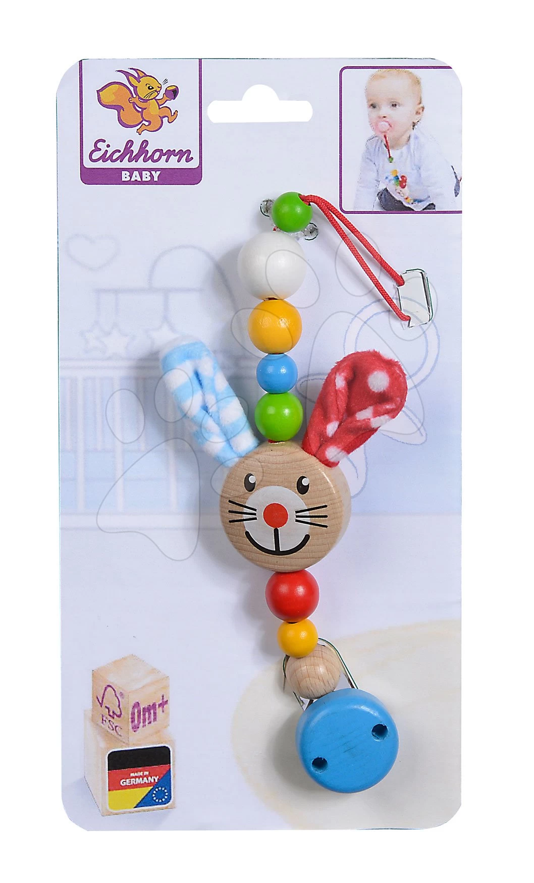 Schnuller Schlaufe Aus Holz Rabbit Baby Eichhorn 27 Cm Mit Kleinen Ohren Und Bälchen Ab 0 Monaten