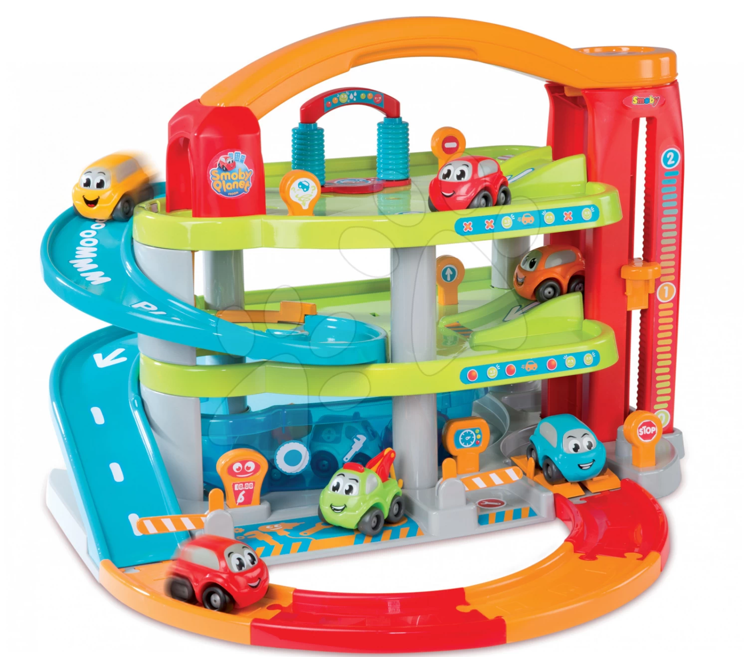 Set Lauflernhilfe Mit Didaktischem Koffer Trott Cotoons 2v1 Smoby Mit Ton Und Licht Und Eine Zweistöckige Garage Vroom Planet Grand – Bild 4