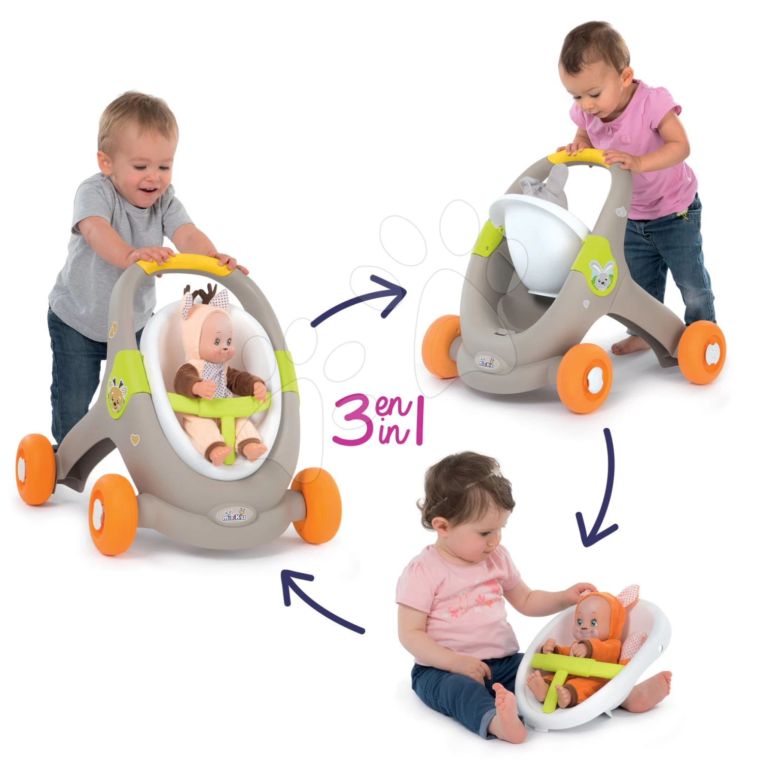 Set Lauflernwagen Und Kinderwagen Mit Autositz Für Tiere Animal Minikiss 3in1 Smoby Mit Bremse Und Ein Cosy-Balance-Kegel