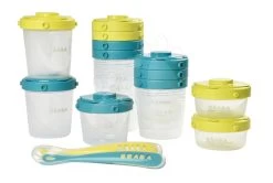 Set Mit 12 Clip Beaba Lebensmitteldosen Mit Silikonlöffeln 2x60ml Und 4x120ml Und 6x200ml Blau Und Neon Ab 0 Monaten