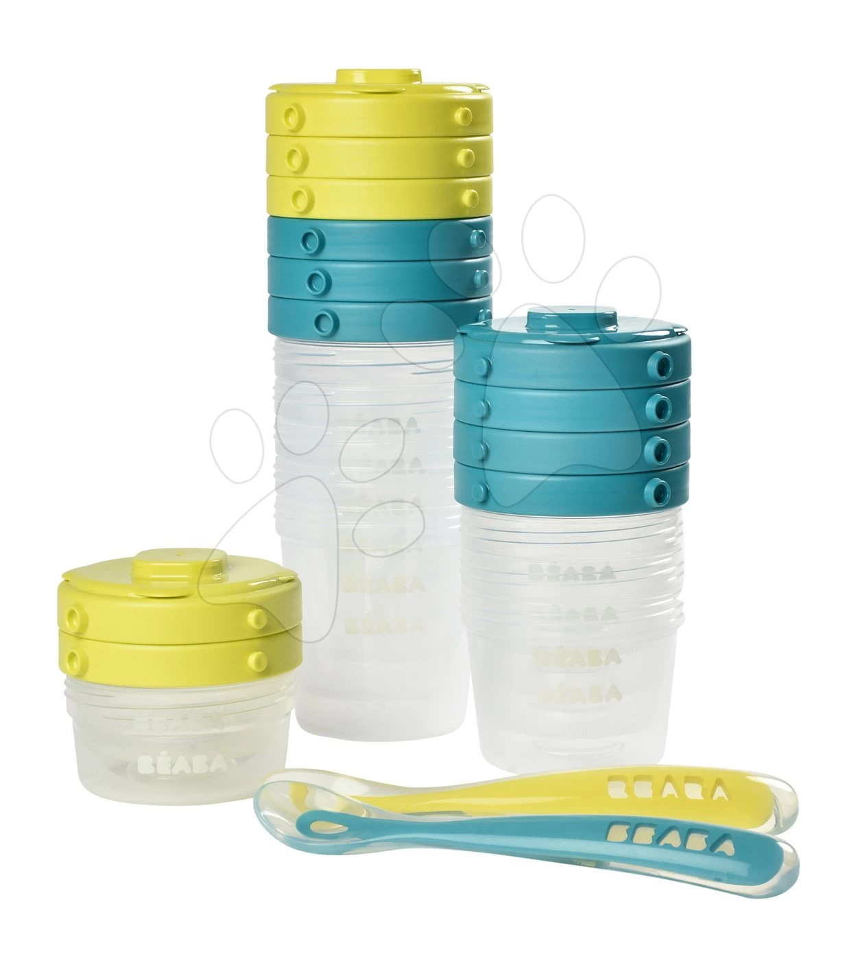 Set Mit 12 Clip Beaba Lebensmitteldosen Mit Silikonlöffeln 2x60ml Und 4x120ml Und 6x200ml Blau Und Neon Ab 0 Monaten – Bild 2