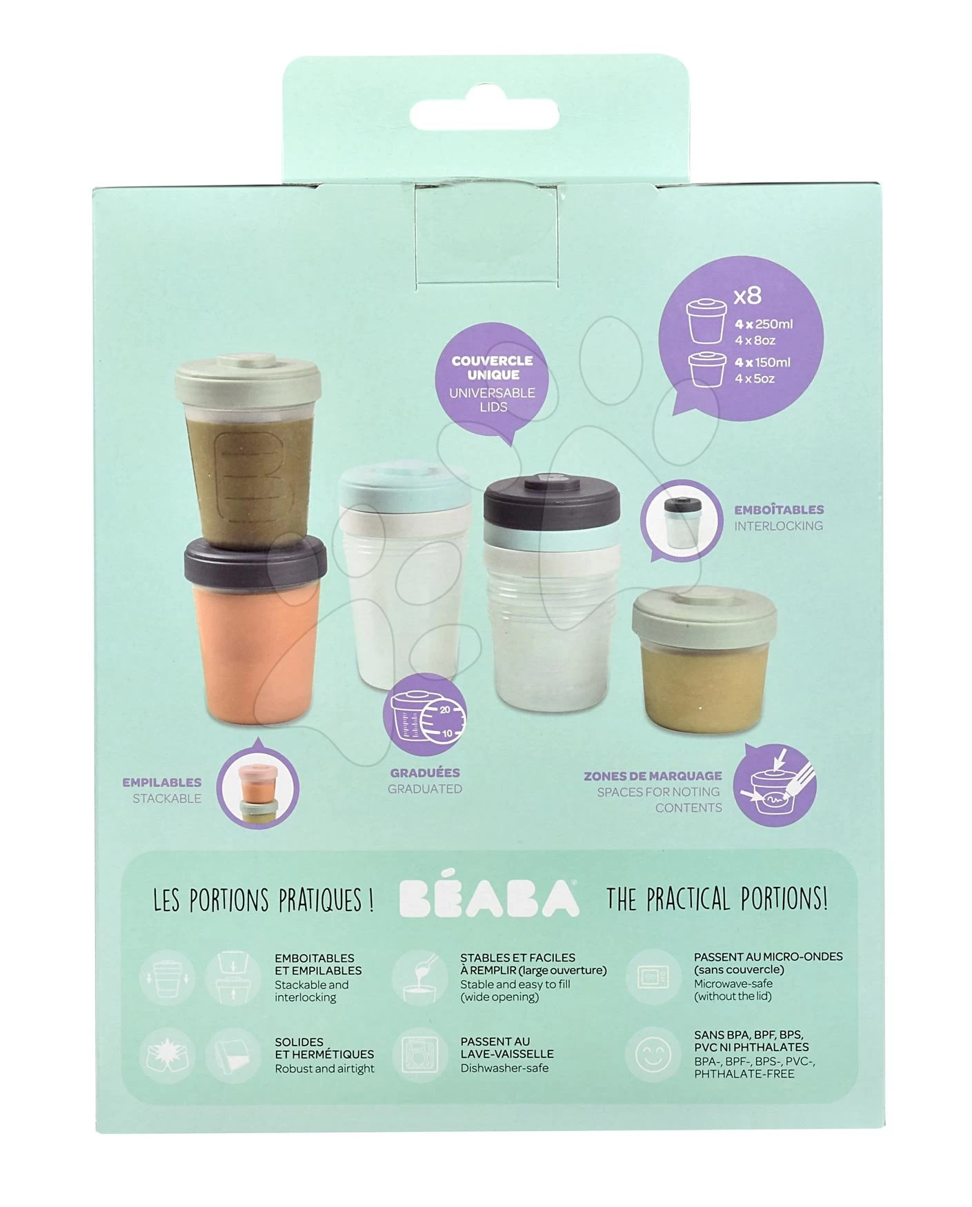 Set Mit 8 Beaba Lebensmitteldosen Toddler Food Storage 8 Clips 4x250ml + 4x150ml – Bild 7