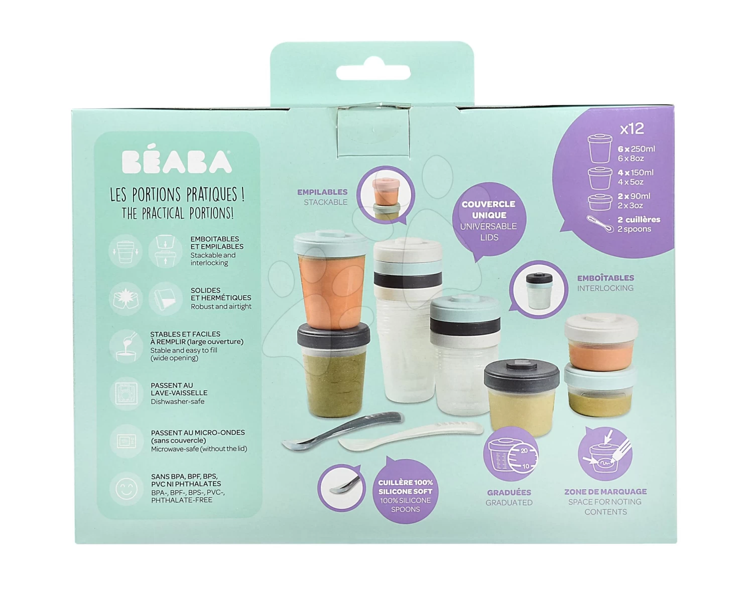 Set Mit 12 Beaba Lebensmitteldosen Expert Meal & Food Storage Pack Storm 12 Clips Und 2 Silikonlöffel Blau – Bild 7