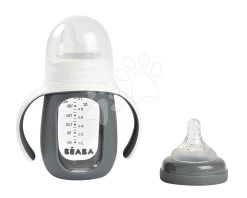 Bidon Flasche Zum Trinken Lernen 2in1 Training Bottle Beaba Mineral Grey 210 Ml Mit Silikonhülle, Grau Ab 4 Monaten BE913538