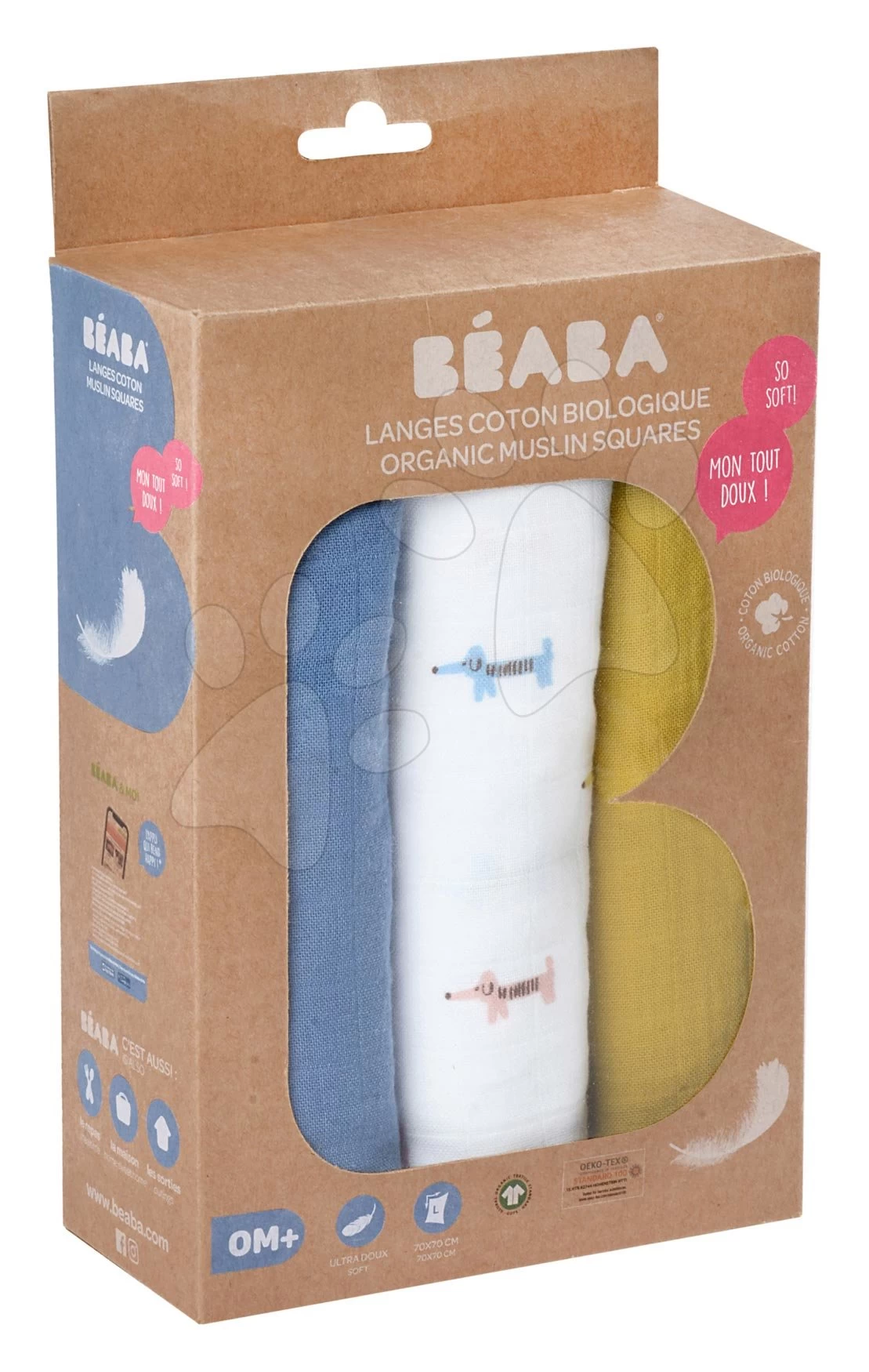 Baumwoll-Musselin-Windel Beaba Textilwindeln Teckel 3er Set 70*70 Cm Ab 0 Monaten Blau-beige – Bild 5